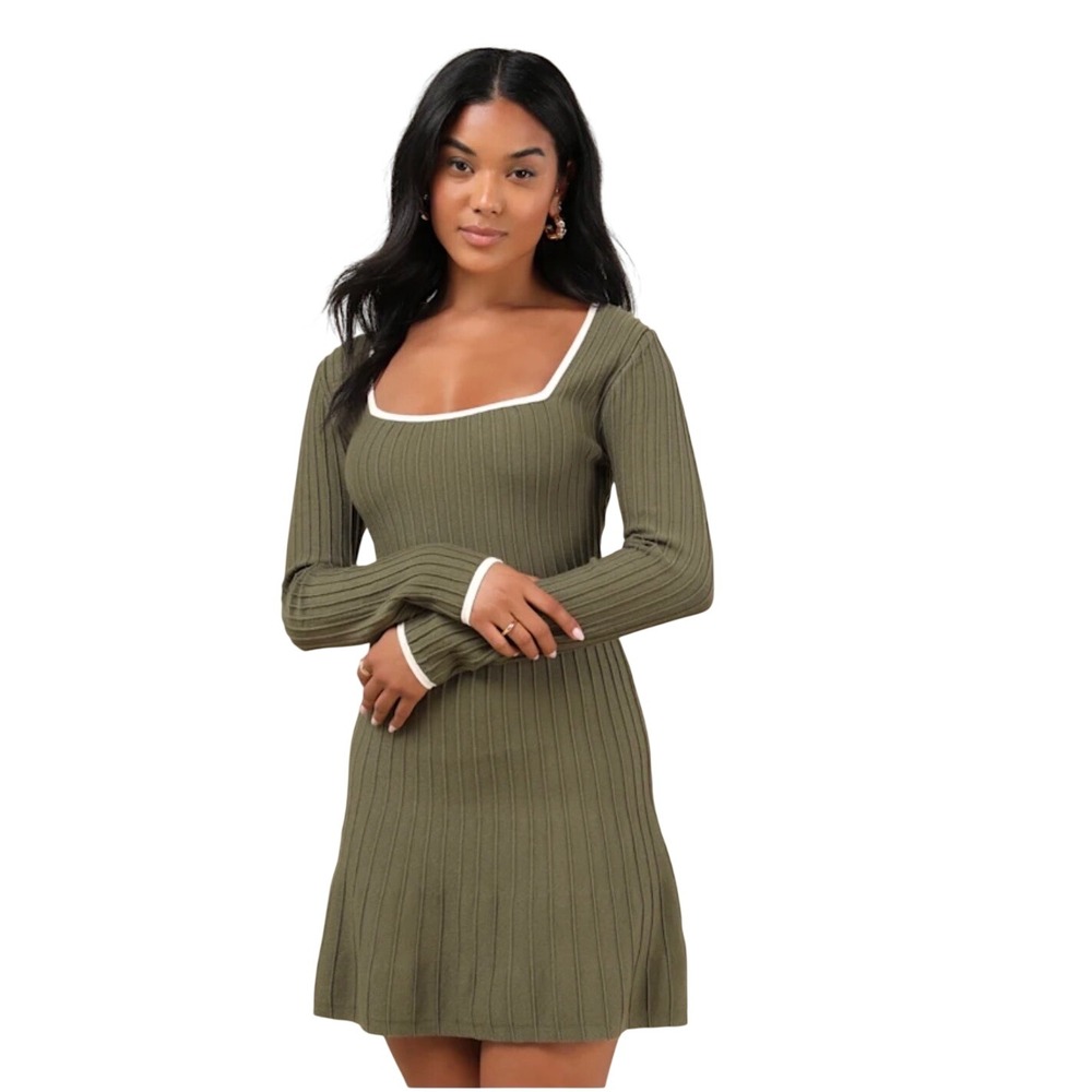Lulus Ribbed Knit Mini Dress Womens XL Olive Green NWT Square Neck Long Sleeve